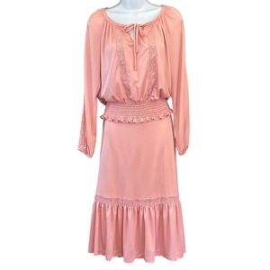 70s Montgomery Ward Midi Dress Cottagecore Prairie Core Pink Lace Smocked Waist
